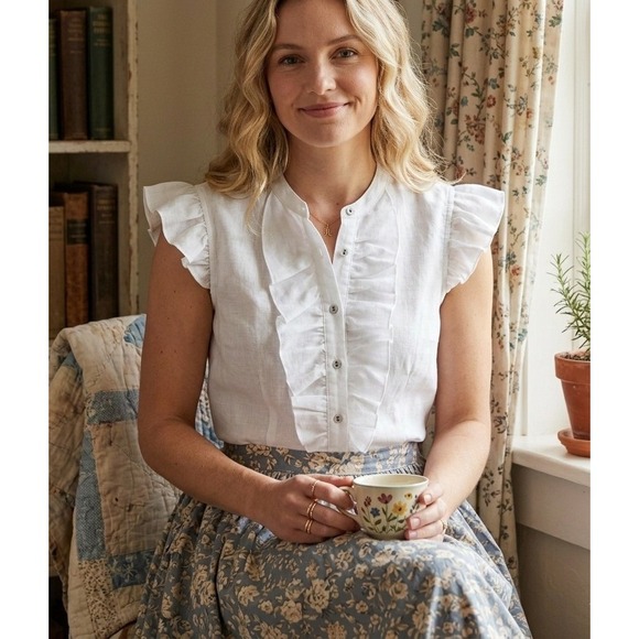 david brooks Tops - David Brooks Blouse Womens Med White 100% Linen Ruffle Flutter Sleeve Button Up